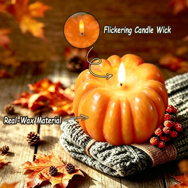 Alt view image 3 of 7 - Fall Decor- 300 Hours Rechargeable Flickering Flameless Wax Pumpkin Candles | Halloween Decoration LED Autumn Decor for Thanksgiving, Farmhouse, Remote, Timer, Mantel Table Indoor-D5.5 x H4.5