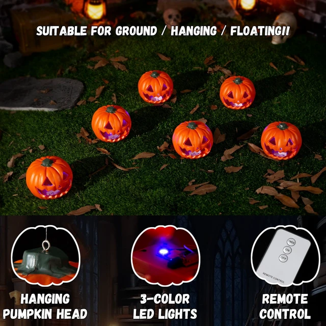 Alt view image 2 of 7 - Halloween Hanging Decorations Pumpkin Lights, LED Flameless Floating Jack-O-Lantern with Timer, 3 Color Light, 2 Lighting Modes, Remote, Pumpkin Lamp Decor for Home, Indoor, Outdoor, Yard (6 Pack)