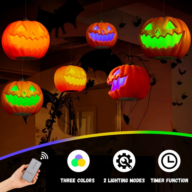 Alt view image 4 of 7 - Halloween Hanging Decorations Pumpkin Lights, LED Flameless Floating Jack-O-Lantern with Timer, 3 Color Light, 2 Lighting Modes, Remote, Pumpkin Lamp Decor for Home, Indoor, Outdoor, Yard (6 Pack)