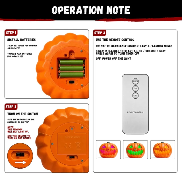 Alt view image 5 of 7 - Halloween Hanging Decorations Pumpkin Lights, LED Flameless Floating Jack-O-Lantern with Timer, 3 Color Light, 2 Lighting Modes, Remote, Pumpkin Lamp Decor for Home, Indoor, Outdoor, Yard (6 Pack)