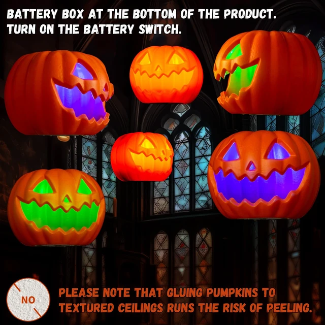 Alt view image 7 of 7 - Halloween Hanging Decorations Pumpkin Lights, LED Flameless Floating Jack-O-Lantern with Timer, 3 Color Light, 2 Lighting Modes, Remote, Pumpkin Lamp Decor for Home, Indoor, Outdoor, Yard (6 Pack)