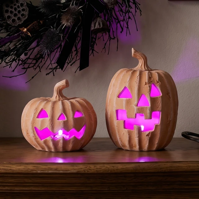 Main image of Terracotta Jack-o-Lantern Pumpkins, LED Halloween Pumpkin Decor | 2Pcs Light Up Pumpkins Indoor Halloween Decorations, Clay Pumpkin Fall Decor with Timer, Farmhouse, Table Centerpiece
