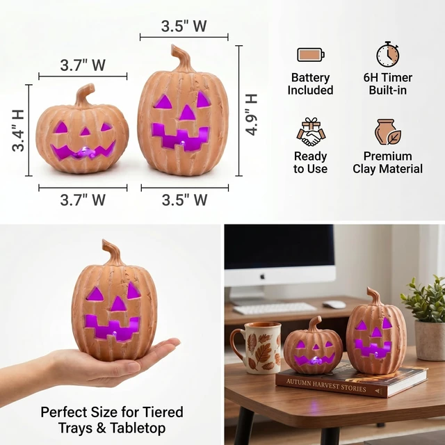 Alt view image 2 of 7 - Terracotta Jack-o-Lantern Pumpkins, LED Halloween Pumpkin Decor | 2Pcs Light Up Pumpkins Indoor Halloween Decorations, Clay Pumpkin Fall Decor with Timer, Farmhouse, Table Centerpiece