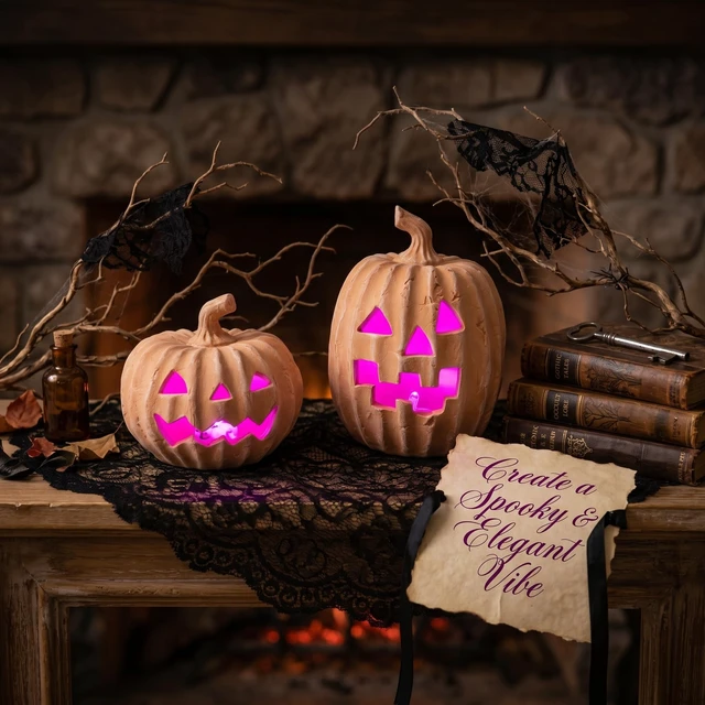 Alt view image 3 of 7 - Terracotta Jack-o-Lantern Pumpkins, LED Halloween Pumpkin Decor | 2Pcs Light Up Pumpkins Indoor Halloween Decorations, Clay Pumpkin Fall Decor with Timer, Farmhouse, Table Centerpiece