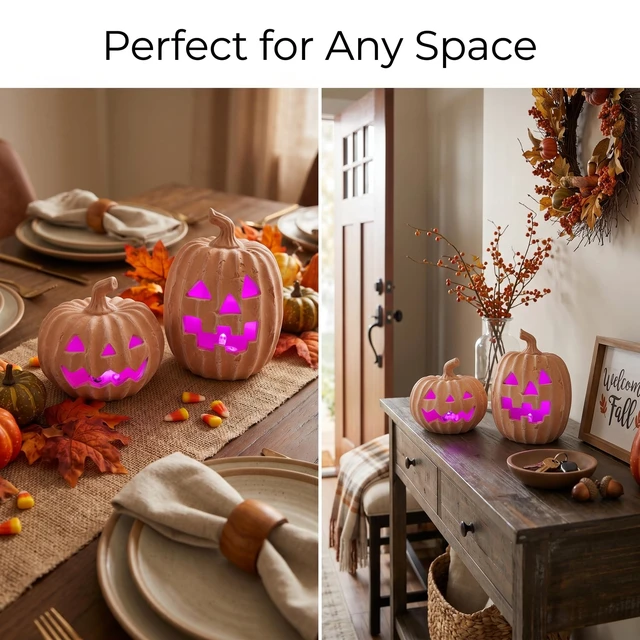 Alt view image 6 of 7 - Terracotta Jack-o-Lantern Pumpkins, LED Halloween Pumpkin Decor | 2Pcs Light Up Pumpkins Indoor Halloween Decorations, Clay Pumpkin Fall Decor with Timer, Farmhouse, Table Centerpiece