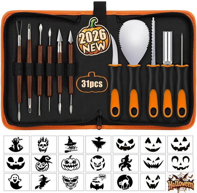 Main image of Halloween Pumpkin Carving Kit with Stencils - 31 PCS Professional Tools | Easy for Pumpkins, Heavy Duty Stainless Steel, With 20PCS 3-Level Stencils for Beginner to Pro, With Storage Bag
