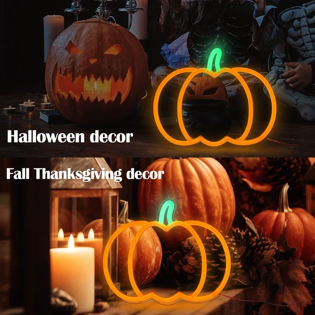 Alt view image 6 of 7 - Halloween Decorations Pumpkin Neon Sign, 7.3*9in Dimmable Neon Sign Hanging for Wall, Indoor Cute Vintage Fall Thanksgiving Decor for Table Home Kitchen Bedroom Living Room Bar Pub Club Party