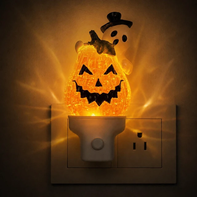 Main image of Halloween Ghost Pumpkin Water Spinner Night Light, Plug-In Table Decor | Ghost pumpkin water spinner night light with warm orange glow, swirling glitter, quiet operation and USB-A extension cord