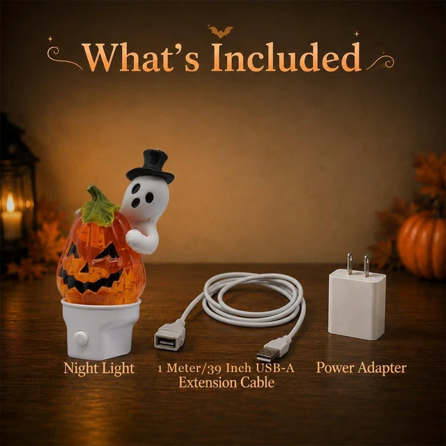 Alt view image 4 of 7 - Halloween Ghost Pumpkin Water Spinner Night Light, Plug-In Table Decor | Ghost pumpkin water spinner night light with warm orange glow, swirling glitter, quiet operation and USB-A extension cord