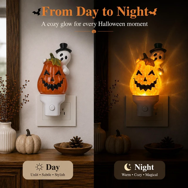 Alt view image 3 of 7 - Halloween Ghost Pumpkin Water Spinner Night Light, Plug-In Table Decor | Ghost pumpkin water spinner night light with warm orange glow, swirling glitter, quiet operation and USB-A extension cord