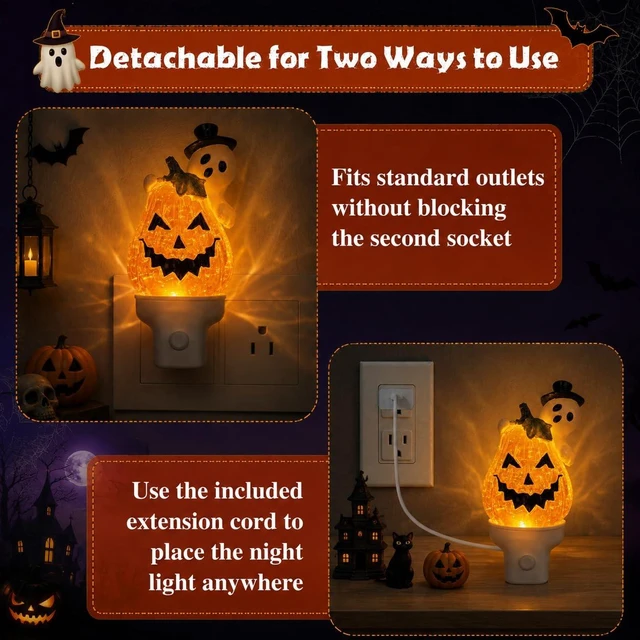 Alt view image 5 of 7 - Halloween Ghost Pumpkin Water Spinner Night Light, Plug-In Table Decor | Ghost pumpkin water spinner night light with warm orange glow, swirling glitter, quiet operation and USB-A extension cord