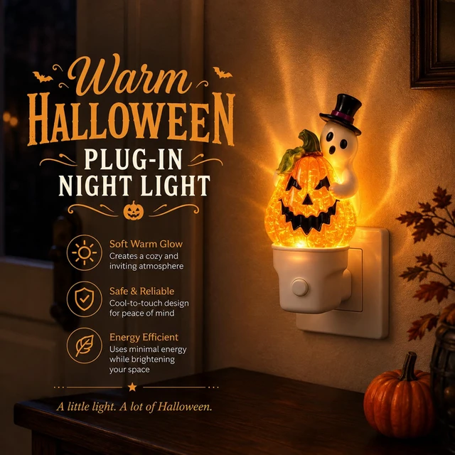Alt view image 6 of 7 - Halloween Ghost Pumpkin Water Spinner Night Light, Plug-In Table Decor | Ghost pumpkin water spinner night light with warm orange glow, swirling glitter, quiet operation and USB-A extension cord