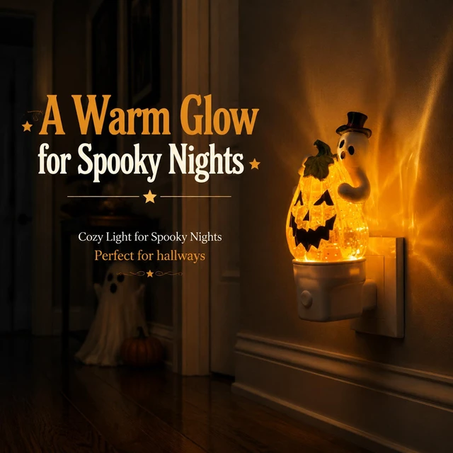 Alt view image 7 of 7 - Halloween Ghost Pumpkin Water Spinner Night Light, Plug-In Table Decor | Ghost pumpkin water spinner night light with warm orange glow, swirling glitter, quiet operation and USB-A extension cord