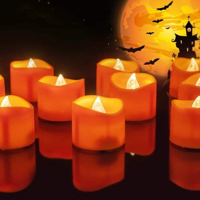 Main image of Halloween 24 Pack Orange Tea Light Candles, Battery Operated LED Tealights, Small Pumpkins Lights, Flameless, Electric Fake Tea Candles for Fall, Diwali Decorations