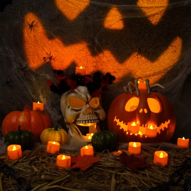 Alt view image 3 of 7 - Halloween 24 Pack Orange Tea Light Candles, Battery Operated LED Tealights, Small Pumpkins Lights, Flameless, Electric Fake Tea Candles for Fall, Diwali Decorations