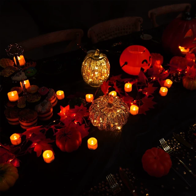 Alt view image 5 of 7 - Halloween 24 Pack Orange Tea Light Candles, Battery Operated LED Tealights, Small Pumpkins Lights, Flameless, Electric Fake Tea Candles for Fall, Diwali Decorations