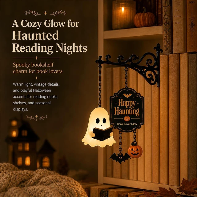 Alt view image 2 of 7 - Ghost Bookshelf Lantern with Pumpkin & Bat, Decorative Bookshelf Lighting Halloween Decor Lamp Book Lover Gift (1Pcs)