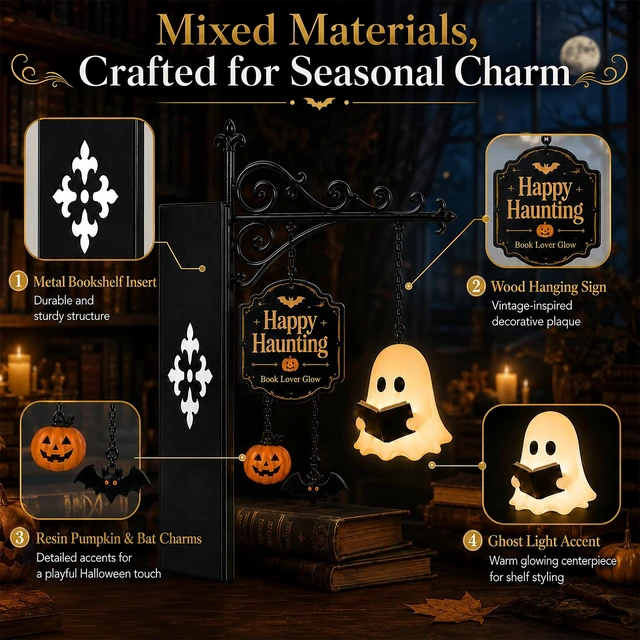 Alt view image 3 of 7 - Ghost Bookshelf Lantern with Pumpkin & Bat, Decorative Bookshelf Lighting Halloween Decor Lamp Book Lover Gift (1Pcs)
