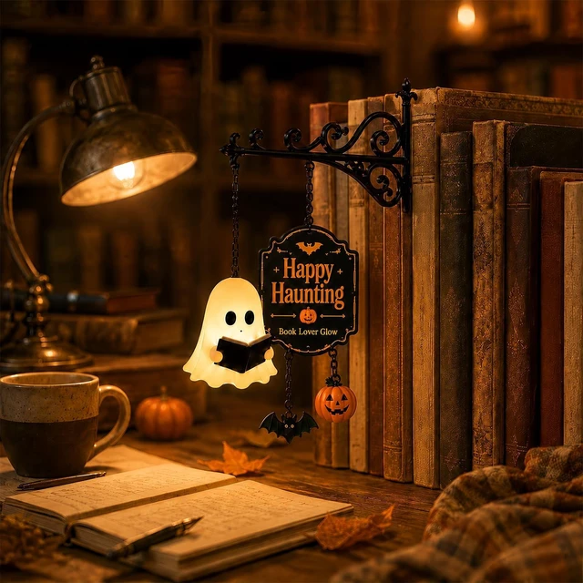 Alt view image 4 of 7 - Ghost Bookshelf Lantern with Pumpkin & Bat, Decorative Bookshelf Lighting Halloween Decor Lamp Book Lover Gift (1Pcs)