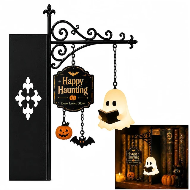 Main image of Ghost Bookshelf Lantern with Pumpkin & Bat, Decorative Bookshelf Lighting Halloween Decor Lamp Book Lover Gift (1Pcs)