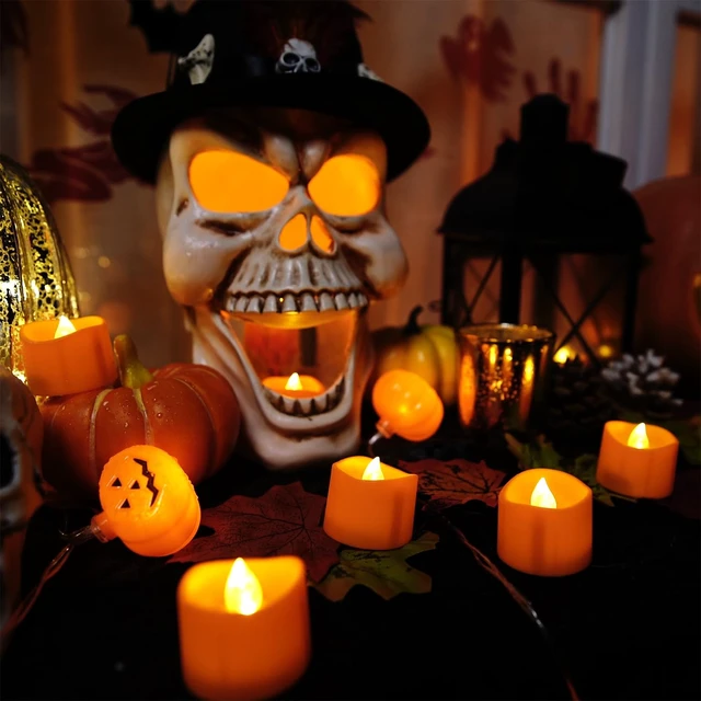 Alt view image 7 of 7 - Halloween 24 Pack Orange Tea Light Candles, Battery Operated LED Tealights, Small Pumpkins Lights, Flameless, Electric Fake Tea Candles for Fall, Diwali Decorations