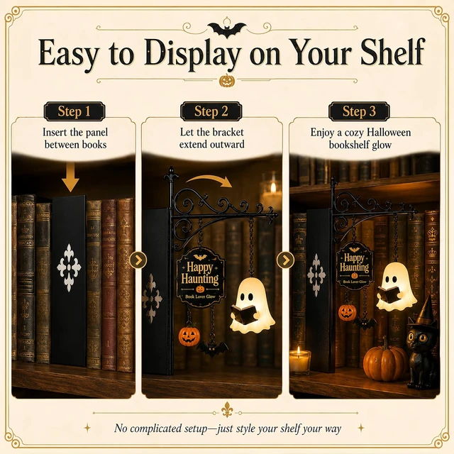 Alt view image 6 of 7 - Ghost Bookshelf Lantern with Pumpkin & Bat, Decorative Bookshelf Lighting Halloween Decor Lamp Book Lover Gift (1Pcs)