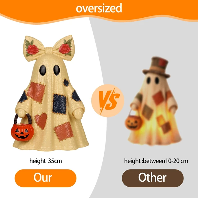 Alt view image 2 of 7 - 14in Halloween Decorations Indoor Lighted Patchwork Ghost Table Lamp | Floral bow decor, pumpkin bucket, remote included, LED lighting, USB & battery dual power, halloween home decor