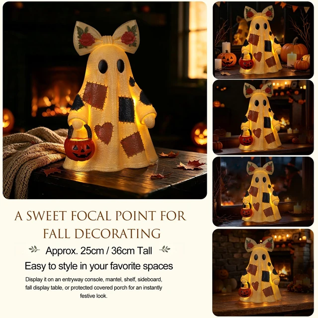 Alt view image 7 of 7 - 14in Halloween Decorations Indoor Lighted Patchwork Ghost Table Lamp | Floral bow decor, pumpkin bucket, remote included, LED lighting, USB & battery dual power, halloween home decor