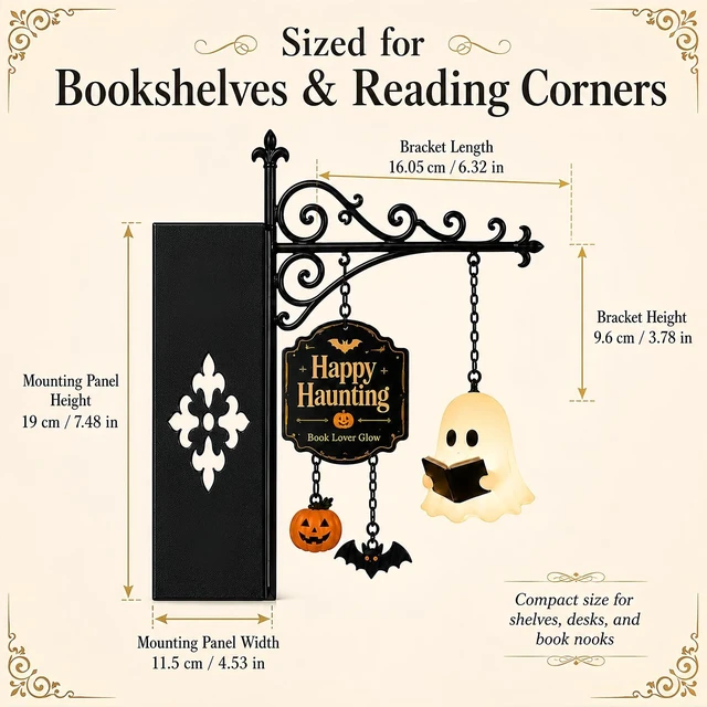 Alt view image 7 of 7 - Ghost Bookshelf Lantern with Pumpkin & Bat, Decorative Bookshelf Lighting Halloween Decor Lamp Book Lover Gift (1Pcs)