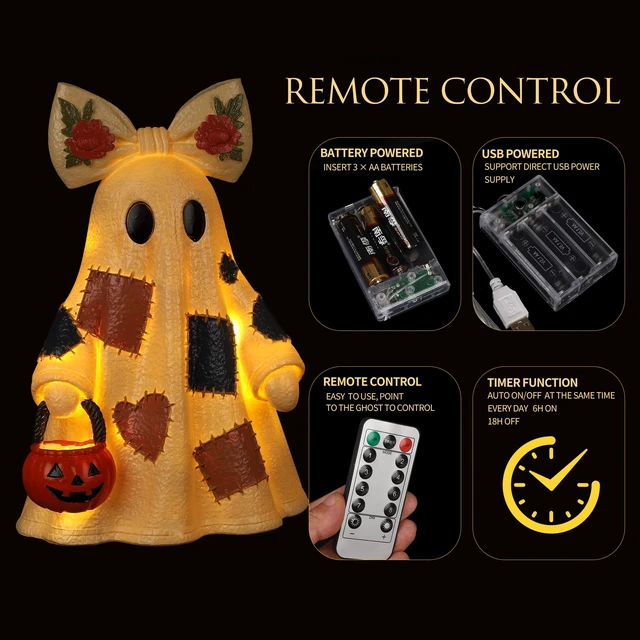 Alt view image 4 of 7 - 14in Halloween Decorations Indoor Lighted Patchwork Ghost Table Lamp | Floral bow decor, pumpkin bucket, remote included, LED lighting, USB & battery dual power, halloween home decor