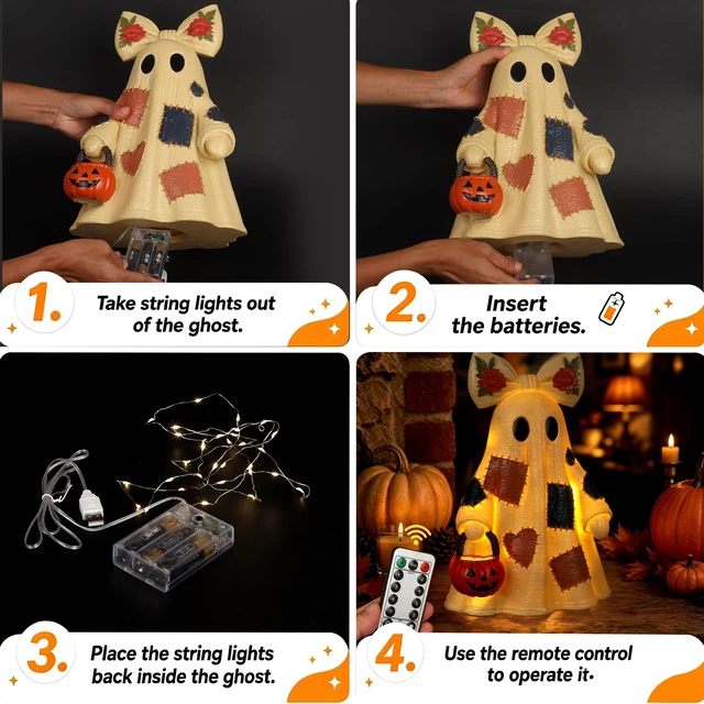 Alt view image 5 of 7 - 14in Halloween Decorations Indoor Lighted Patchwork Ghost Table Lamp | Floral bow decor, pumpkin bucket, remote included, LED lighting, USB & battery dual power, halloween home decor