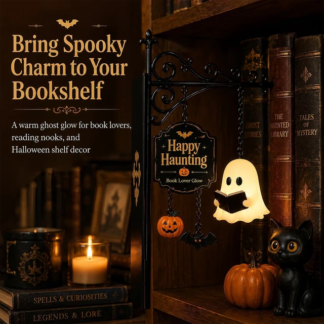 Alt view image 5 of 7 - Ghost Bookshelf Lantern with Pumpkin & Bat, Decorative Bookshelf Lighting Halloween Decor Lamp Book Lover Gift (1Pcs)