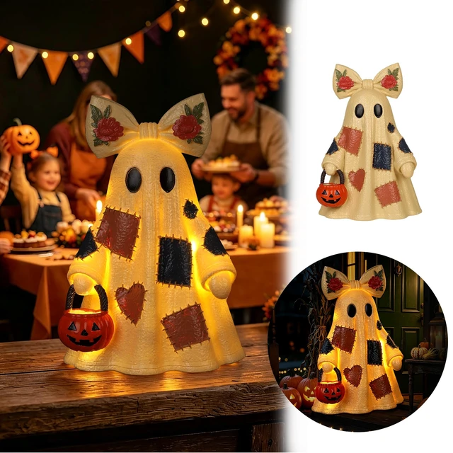 Alt view image 3 of 7 - 14in Halloween Decorations Indoor Lighted Patchwork Ghost Table Lamp | Floral bow decor, pumpkin bucket, remote included, LED lighting, USB & battery dual power, halloween home decor