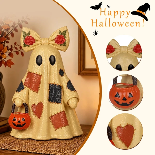 Alt view image 6 of 7 - 14in Halloween Decorations Indoor Lighted Patchwork Ghost Table Lamp | Floral bow decor, pumpkin bucket, remote included, LED lighting, USB & battery dual power, halloween home decor