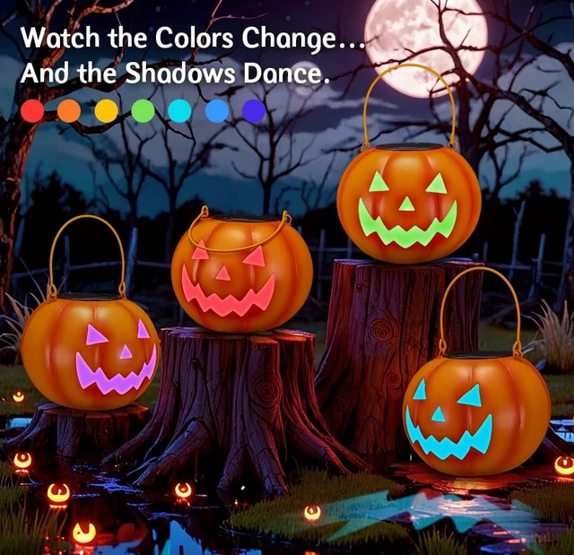 Alt view image 2 of 7 - Halloween Decorations Outdoor, Pumpkin Solar Lights for Outside Porch Decor | Color Changing LED, Spooky Pattern Projection, Portable Handle, IP44 Waterproof, Porch Patio Yard Decor, Halloween Gift