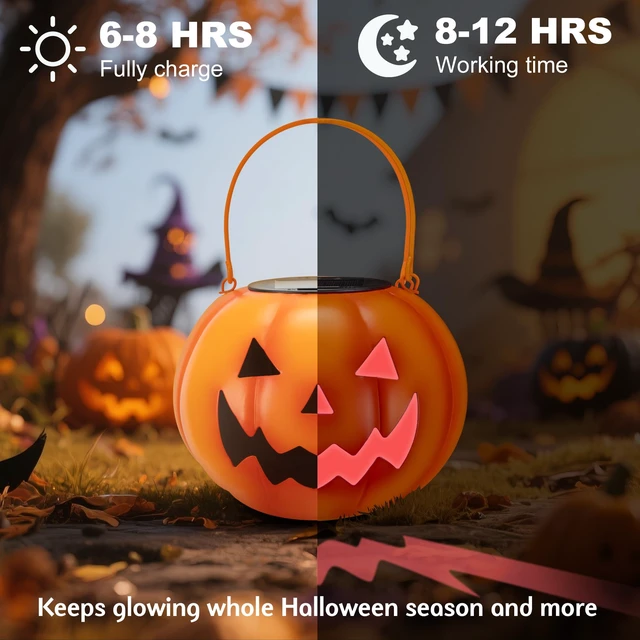 Alt view image 3 of 7 - Halloween Decorations Outdoor, Pumpkin Solar Lights for Outside Porch Decor | Color Changing LED, Spooky Pattern Projection, Portable Handle, IP44 Waterproof, Porch Patio Yard Decor, Halloween Gift