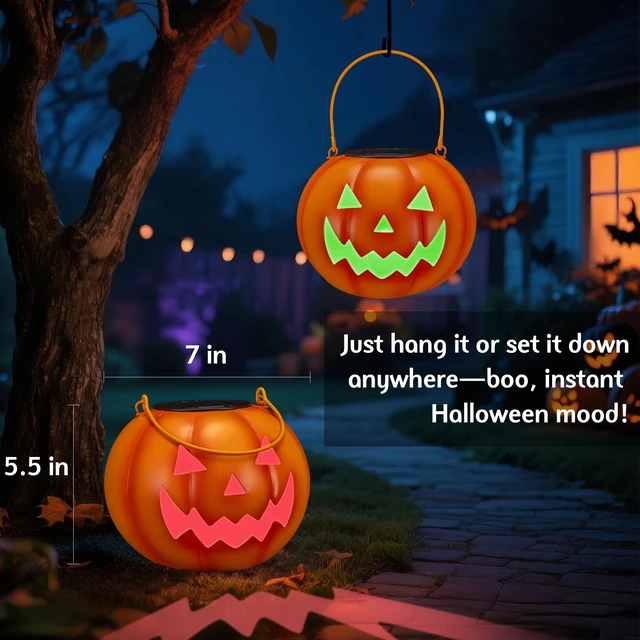 Alt view image 5 of 7 - Halloween Decorations Outdoor, Pumpkin Solar Lights for Outside Porch Decor | Color Changing LED, Spooky Pattern Projection, Portable Handle, IP44 Waterproof, Porch Patio Yard Decor, Halloween Gift