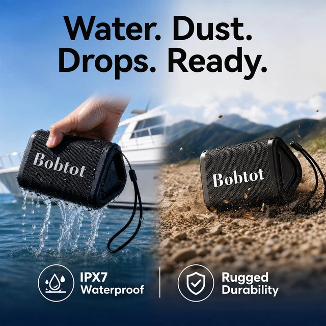 Alt view image 5 of 7 - Portable Bluetooth Speaker, IPX7 Waterproof Speaker with TWS, Black | Small waterproof speaker with clear sound, dual radiators, lanyard, drop-tested build for shower, pool, beach, camping, desk