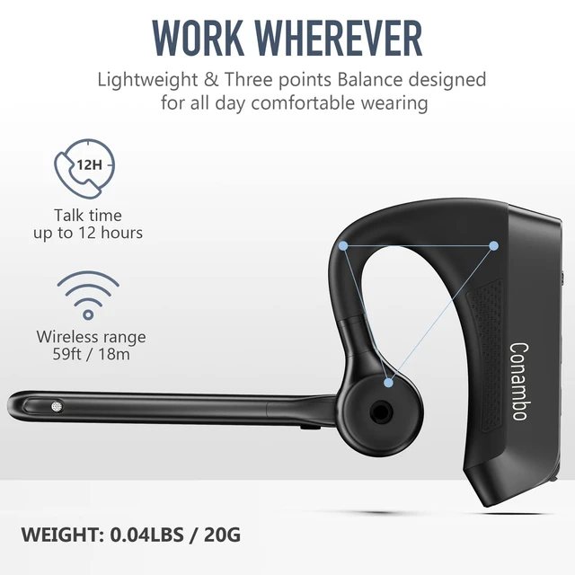Alt view image 6 of 6 - K21 Bluetooth Headset V5.1, Bluetooth Earpiece with CVC 8.0 Dual Mic Noise Cancelling Wireless Headphone - Mute & Volume Buttons 16Hrs Talking for iOS Android Cell Phone, Trucker, Office Work