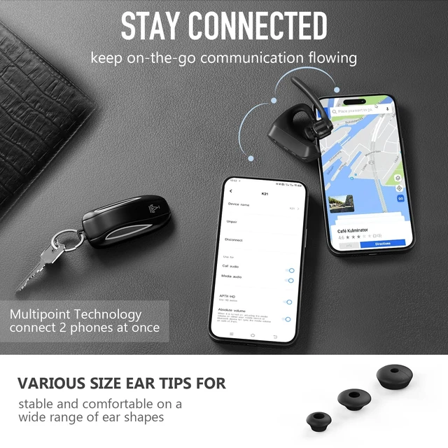 Alt view image 5 of 6 - K21 Bluetooth Headset V5.1, Bluetooth Earpiece with CVC 8.0 Dual Mic Noise Cancelling Wireless Headphone - Mute & Volume Buttons 16Hrs Talking for iOS Android Cell Phone, Trucker, Office Work