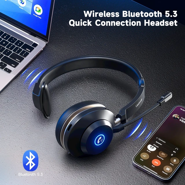 Alt view image 3 of 6 - Wireless Headset with Microphone for Work, Bluetooth 5.3 Headset for PC | Bluetooth 5.3, 45H Talk Time, Mute Button, Charging Base, 49ft Range for PC Laptop, Zoom Meetings & Call Center