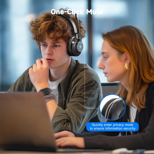 Alt view image 4 of 6 - Wireless Headset with Microphone for Work, Bluetooth 5.3 Headset for PC | Bluetooth 5.3, 45H Talk Time, Mute Button, Charging Base, 49ft Range for PC Laptop, Zoom Meetings & Call Center