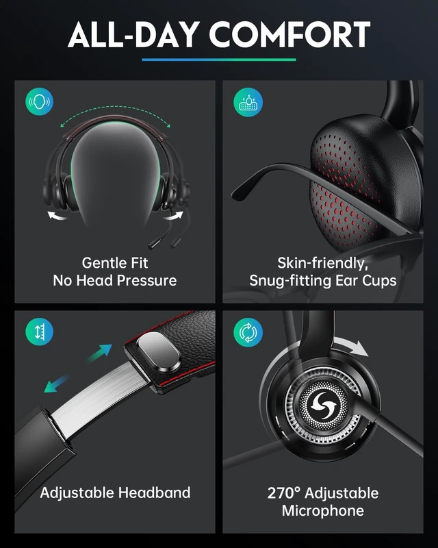Alt view image 4 of 7 - Wireless Headset with Mic for Work, Dual-Mode Headphones 50H Talk | ENC Noise-canceling Microphone, Bluetooth& 2.4GHz Dongle, Clear Calls & Mic Mute, for Laptop, PC, Phone, Office, Call Center