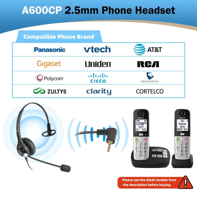 Alt view image 2 of 7 - Cordless Phone Headset for Landline Phone, 2.5mm Jack Telephone Headset with Noise-Cancelling Mic & Volume Control, Wired Headset Compatible with Panasonic AT&T Vtech Uniden