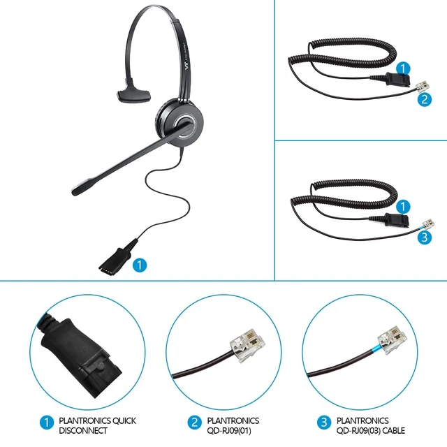 Alt view image 2 of 6 - Telephone-Headset with Noise-Cancelling Microphone Call Center Quick Disconnect (QD) Headset with RJ09 Cables, compatible with Yealink, Grandstream, Polycom, Snom, Fanvil, and Mitel Phones (Mono)