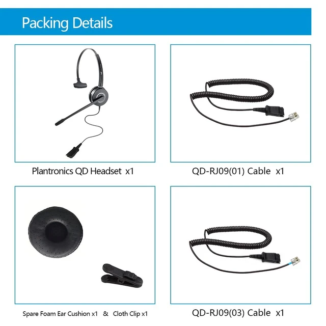 Alt view image 5 of 6 - Telephone-Headset with Noise-Cancelling Microphone Call Center Quick Disconnect (QD) Headset with RJ09 Cables, compatible with Yealink, Grandstream, Polycom, Snom, Fanvil, and Mitel Phones (Mono)
