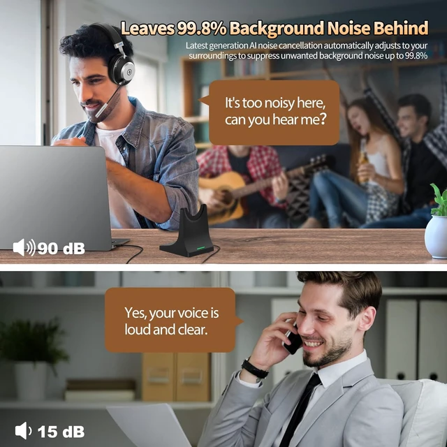 Alt view image 4 of 7 - Wireless Headset with Mic for Work, Bluetooth Headset with Microphone (AI Noise Cancelling), 60 Hours Woktime Wireless Headphone for Work from Home/Call Center/Office/PC/Laptop/Computer/Zoom/Teams