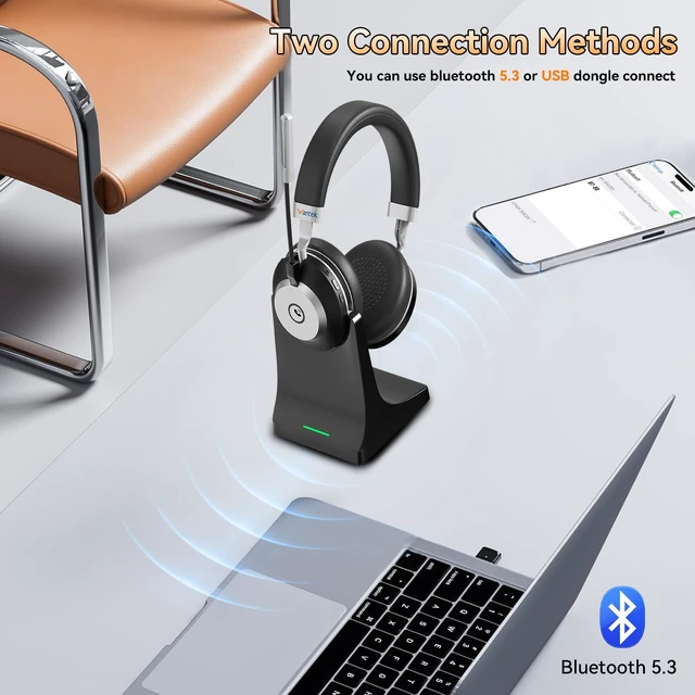 Alt view image 3 of 7 - Wireless Headset with Mic for Work, Bluetooth Headset with Microphone (AI Noise Cancelling), 60 Hours Woktime Wireless Headphone for Work from Home/Call Center/Office/PC/Laptop/Computer/Zoom/Teams