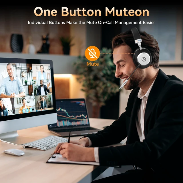 Alt view image 5 of 7 - Wireless Headset with Mic for Work, Bluetooth Headset with Microphone (AI Noise Cancelling), 60 Hours Woktime Wireless Headphone for Work from Home/Call Center/Office/PC/Laptop/Computer/Zoom/Teams