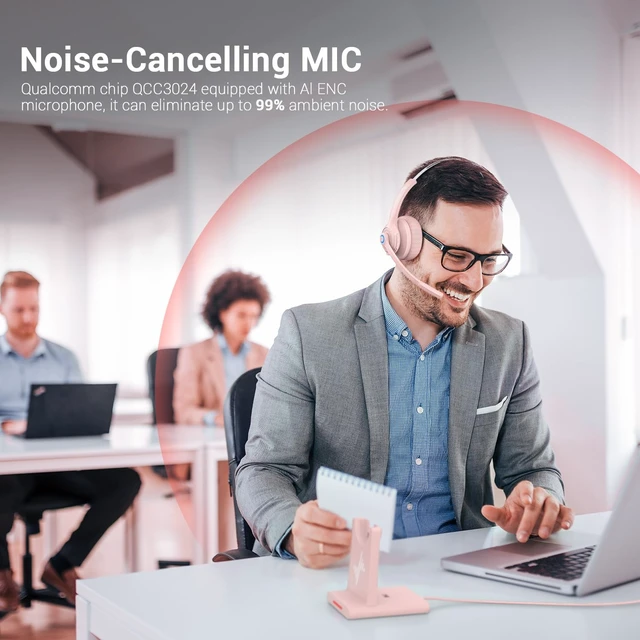 Alt view image 2 of 6 - Bluetooth Wireless Headset with Mic for Work, Bluetooth 5.2, Advanced Noise Reduction Microphone, Clear Calls - Comfortable On-Ear Headphones, Applicable to PC, Laptop, Phone, Android, Zoom, Office